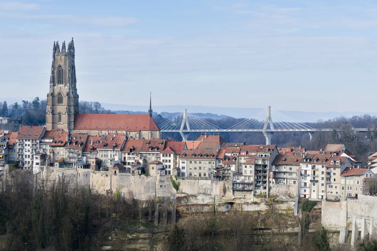 La vieille ville de Fribourg vue des hauteurs : la cathédrale Saint-Nicolas, les toits de tuiles et le pont de la Poya