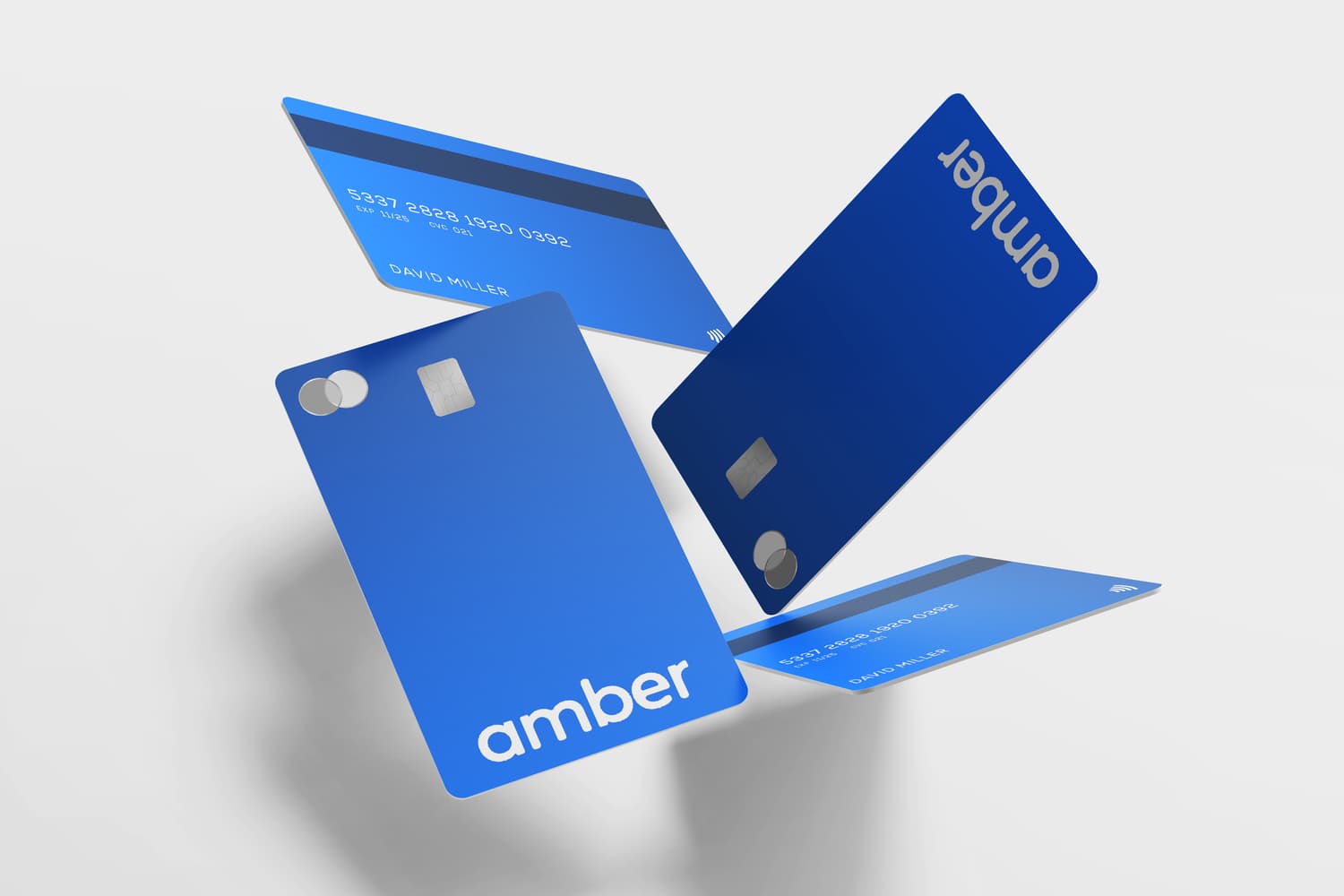 Cartes de crédit Amber, logotype bleu sur fond blanc