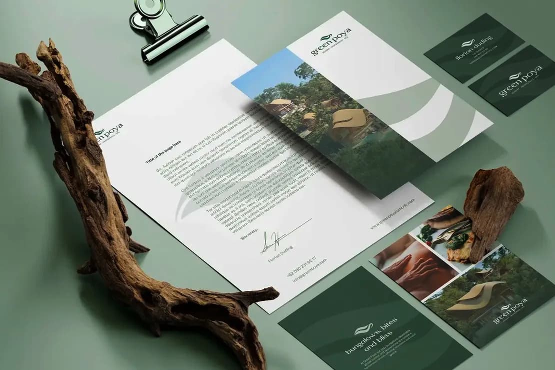 Déclinaison papeterie et packaging de l'identité Green Poya