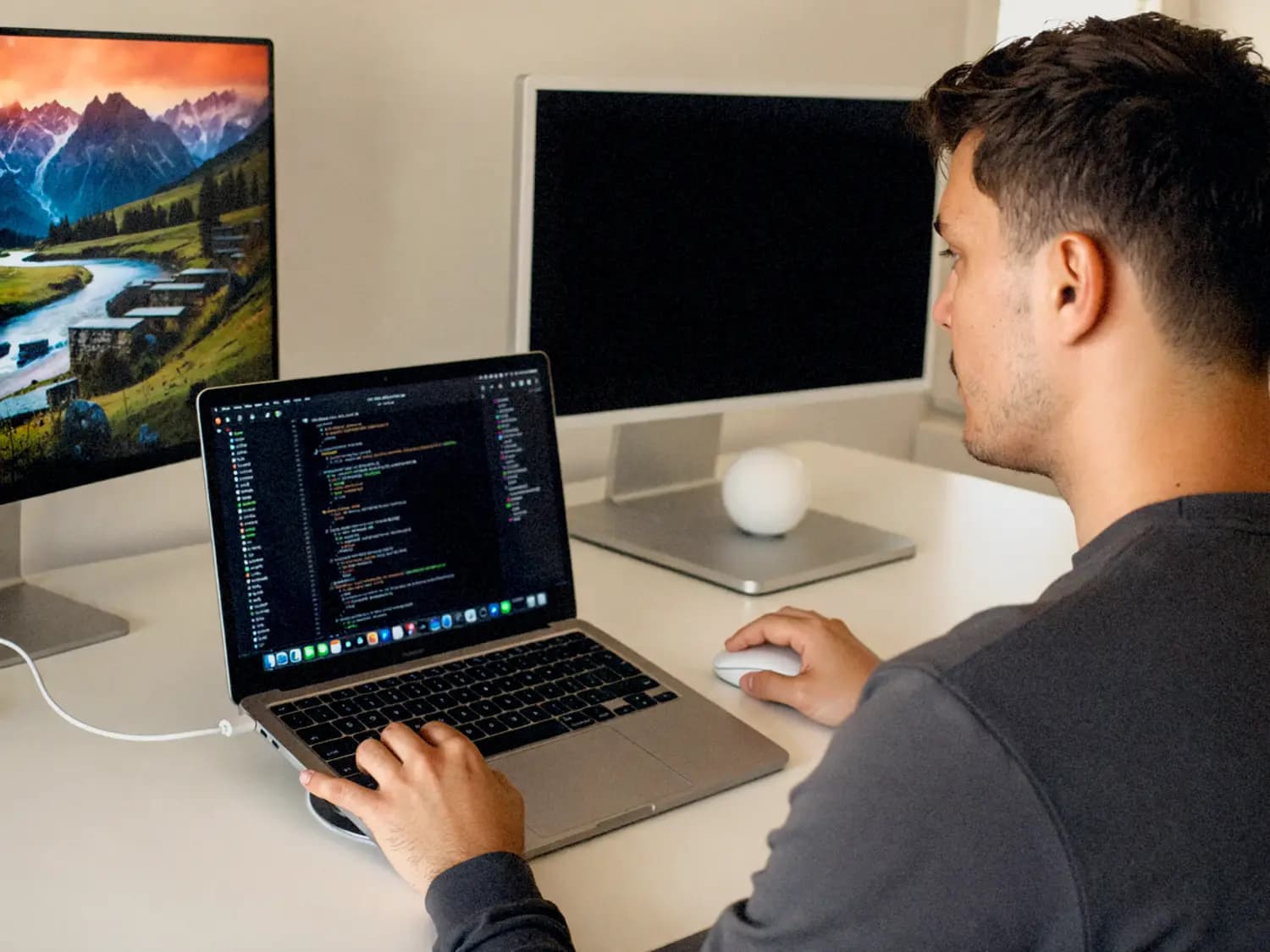 Un développeur code sur son ordinateur portable, entouré de deux écrans externes